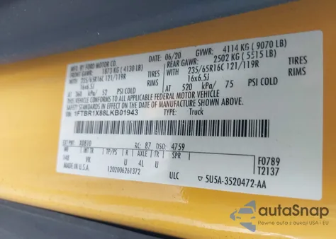 2020 Ford Transit-250 из США, поврежденный, VIN 1FTBR1X88LKB01943